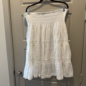 Blue Plate White Cotton Smocked Waist Tiered Lace Boho Peasant Midi Skirt PL
